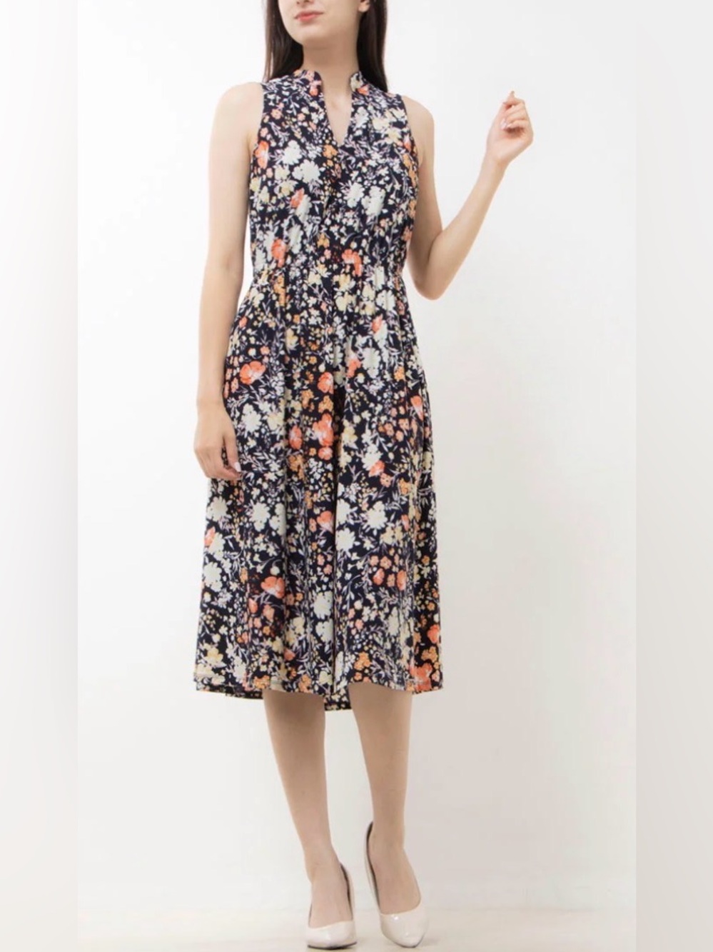 Anne Klein Navy Floral Midi Dress with Coral and Cream Blooms